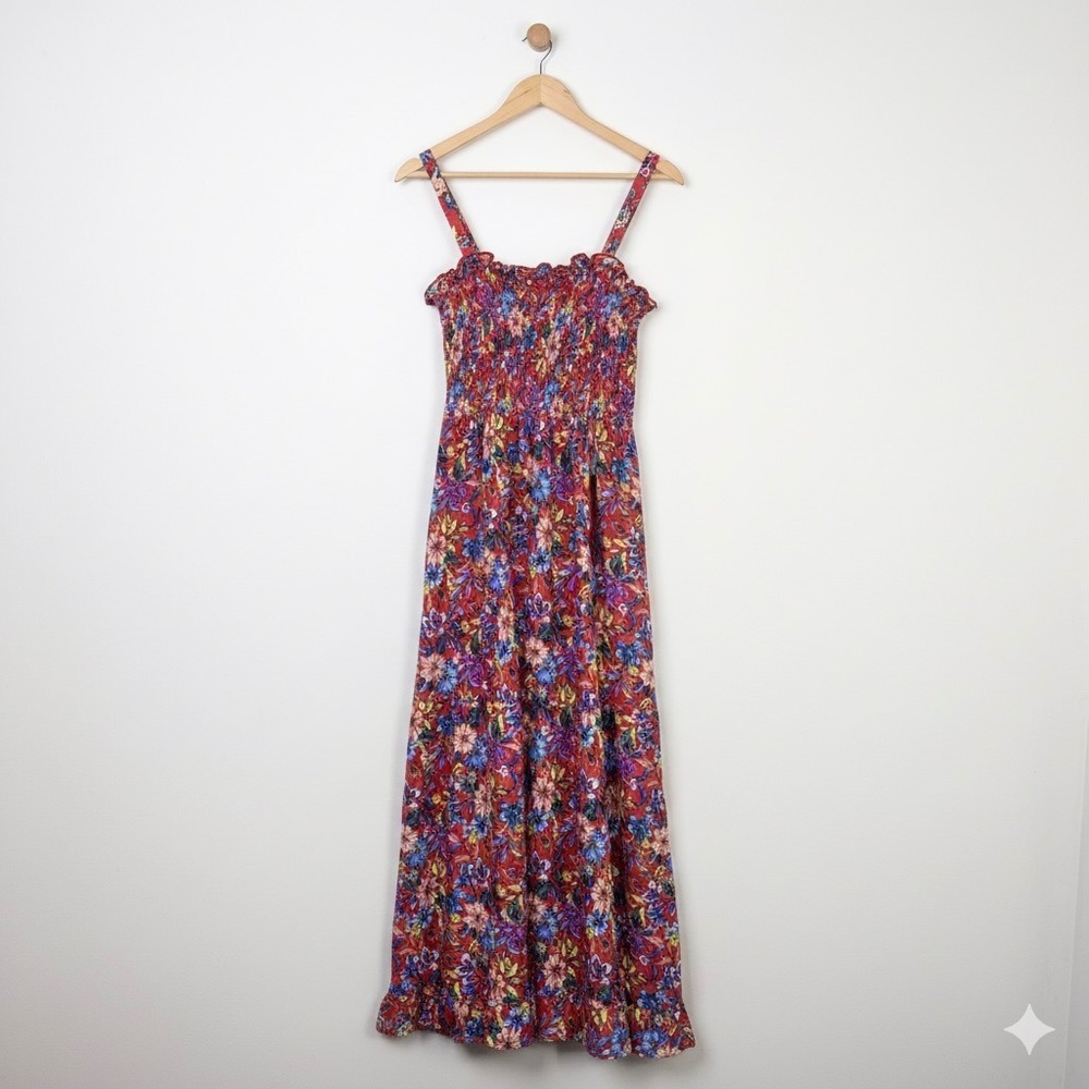 BOG Collective Floral Smocked Maxi Dress Red‎ Blue Small Strappy Spring Casual
